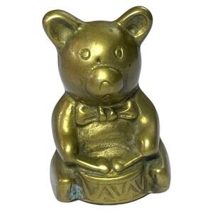 Vintage Brass Teddy Bear Figurine Bow Tie Drum Mid Century Decor